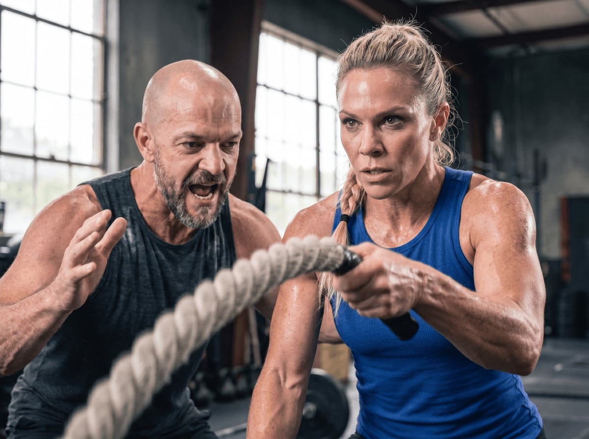 Marcus coaching Jenny through a battle-rope set